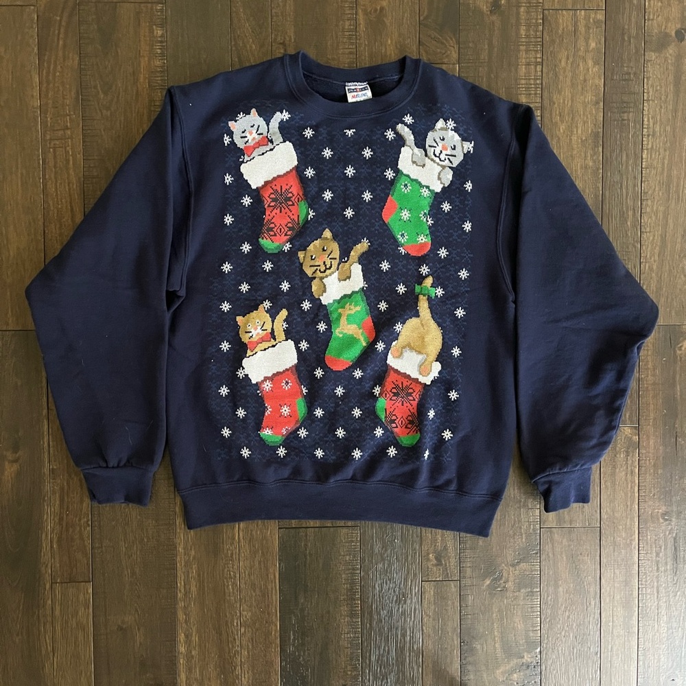 Christmas Cats in Holiday Stockings Navy Blue Women’s Sweatshirt size M